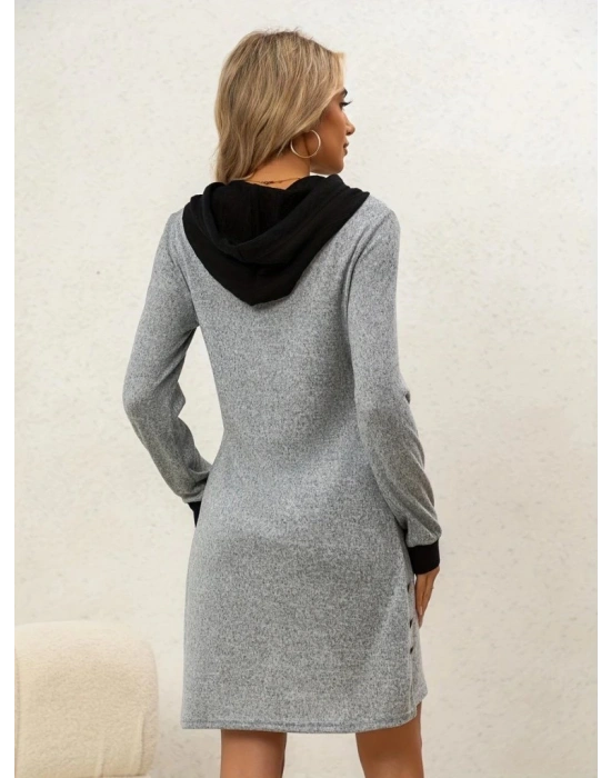 Kadın Uzun Kollu Kapşonlu önden Fermuarlı Düğmeli Mini Iki Iplik Elbise