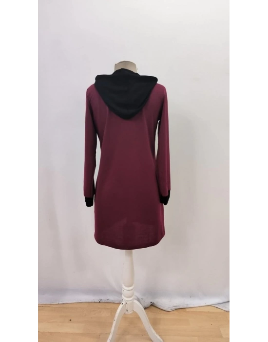 Kadın Uzun Kollu Kapşonlu önden Fermuarlı Düğmeli Mini Iki Iplik Elbise