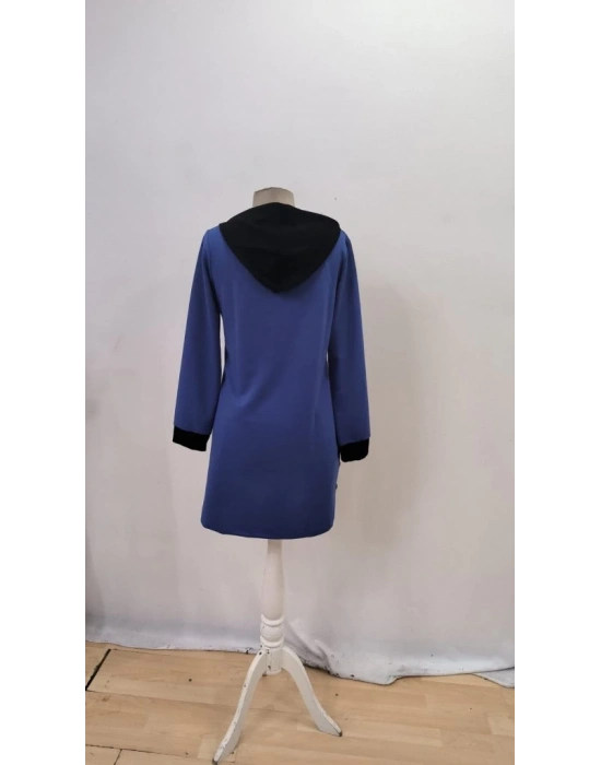 Kadın Uzun Kollu Kapşonlu önden Fermuarlı Düğmeli Mini Iki Iplik Elbise