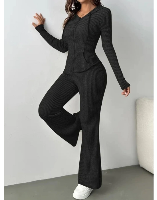 Kadın Uzun Kollu Kapşonlu önden Fermuarlı Kaşkorse Bluz Ve Pantolon Ikili Takım