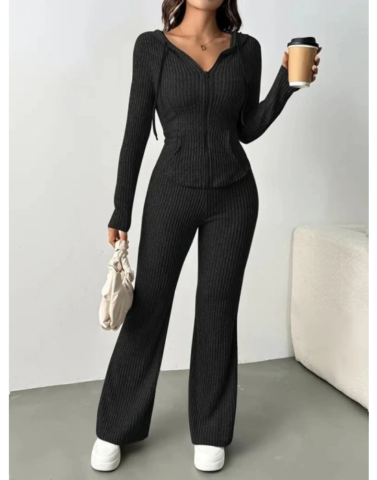 Kadın Uzun Kollu Kapşonlu önden Fermuarlı Kaşkorse Bluz Ve Pantolon Ikili Takım