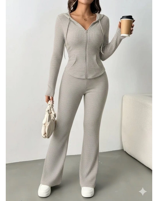 Kadın Uzun Kollu Kapşonlu önden Fermuarlı Kaşkorse Bluz Ve Pantolon Ikili Takım