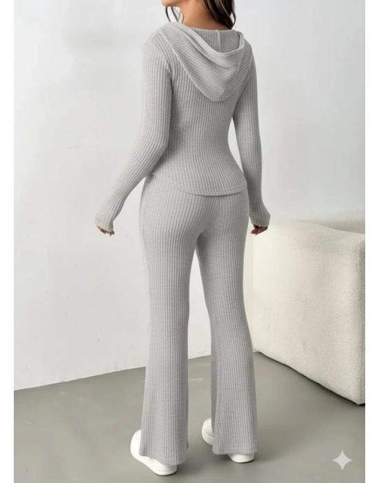 Kadın Uzun Kollu Kapşonlu önden Fermuarlı Kaşkorse Bluz Ve Pantolon Ikili Takım