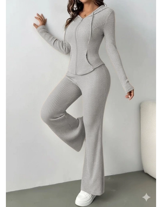 Kadın Uzun Kollu Kapşonlu önden Fermuarlı Kaşkorse Bluz Ve Pantolon Ikili Takım