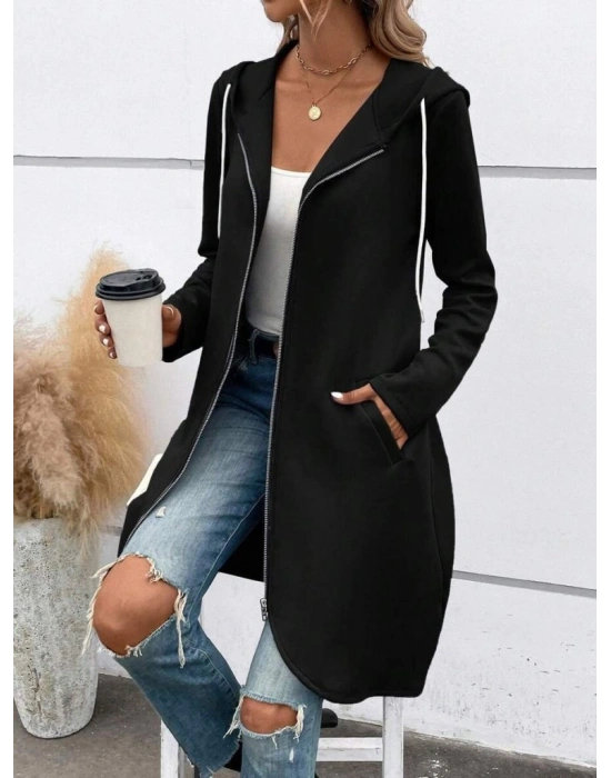 Kadın Uzun Kollu Kapşonlu önden Fermuarlı Midi Dalgıç Ceket