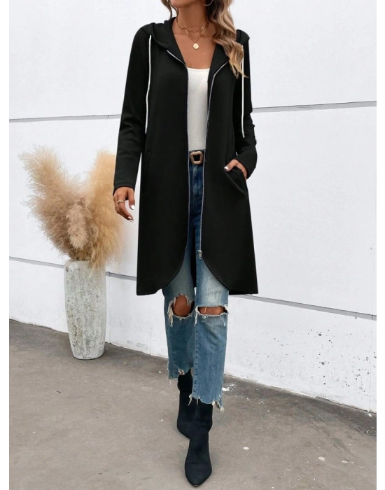 Kadın Uzun Kollu Kapşonlu önden Fermuarlı Midi Dalgıç Ceket