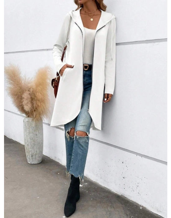 Kadın Uzun Kollu Kapşonlu önden Fermuarlı Midi Dalgıç Ceket