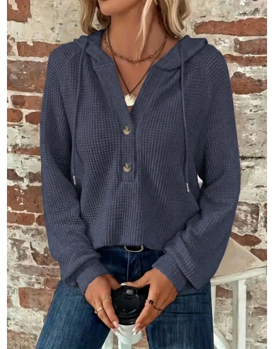Kadın Uzun Kollu Kapşonlu önü Düğmeli Ve Bağcıklı Waffle Bluz