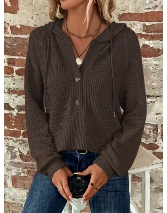 Kadın Uzun Kollu Kapşonlu önü Düğmeli Ve Bağcıklı Waffle Bluz