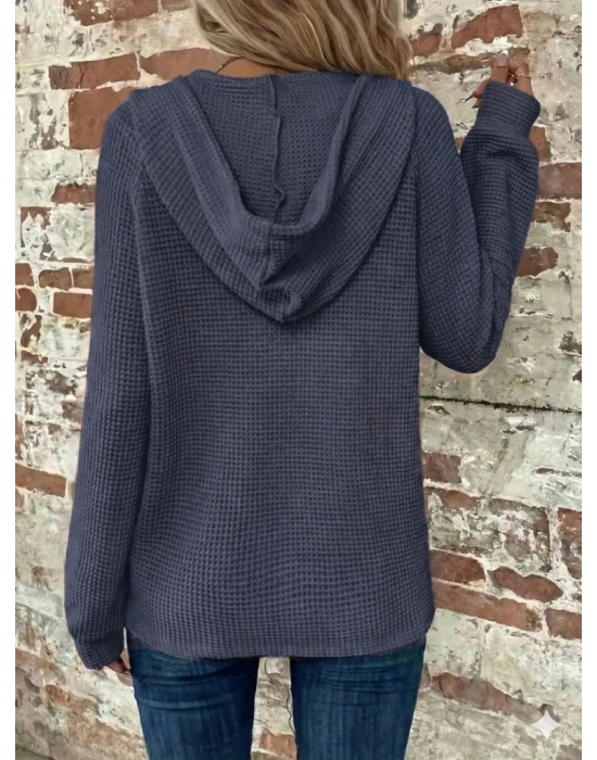 Kadın Uzun Kollu Kapşonlu önü Düğmeli Ve Bağcıklı Waffle Bluz