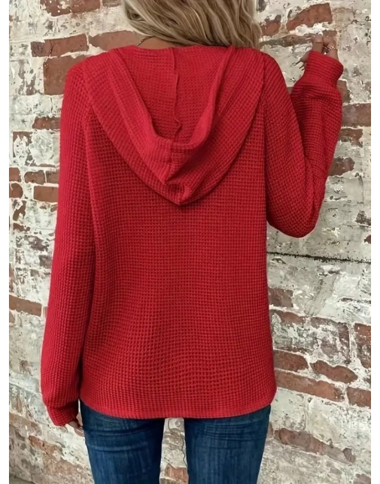 Kadın Uzun Kollu Kapşonlu önü Düğmeli Ve Bağcıklı Waffle Bluz