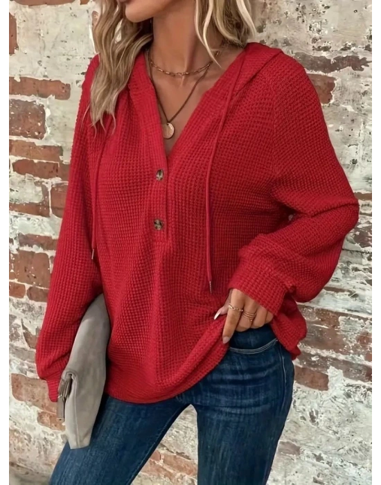 Kadın Uzun Kollu Kapşonlu önü Düğmeli Ve Bağcıklı Waffle Bluz