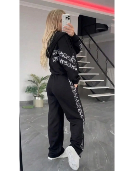 Kadın Uzun Kollu Kapşonlu önü Fermuarlı Leopar Desenli Modal Bluz Ve Pantolon Ikili Takım