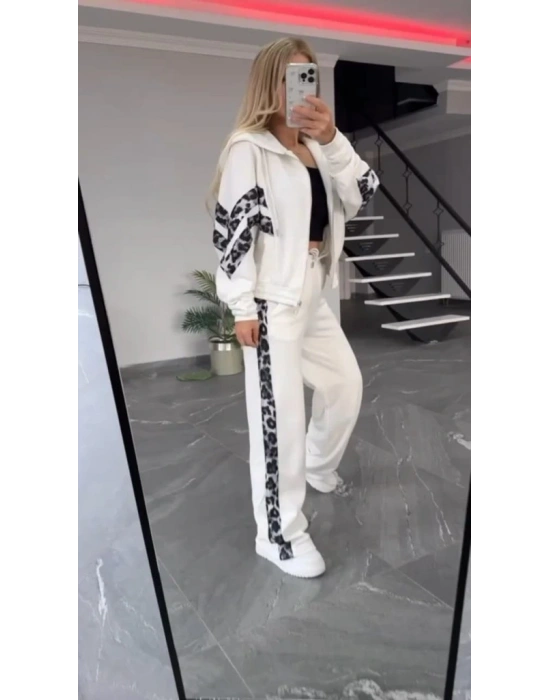 Kadın Uzun Kollu Kapşonlu önü Fermuarlı Leopar Desenli Modal Bluz Ve Pantolon Ikili Takım