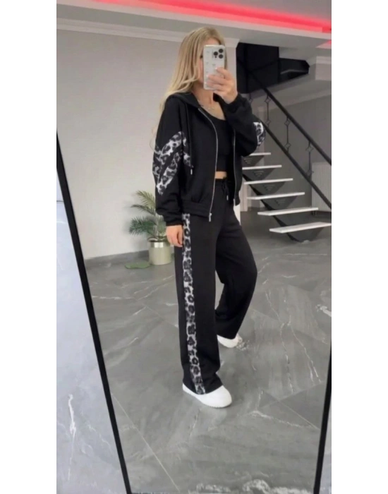 Kadın Uzun Kollu Kapşonlu önü Fermuarlı Leopar Desenli Modal Bluz Ve Pantolon Ikili Takım