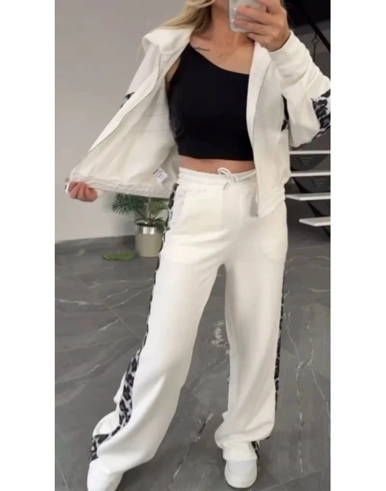 Kadın Uzun Kollu Kapşonlu önü Fermuarlı Leopar Desenli Modal Bluz Ve Pantolon Ikili Takım