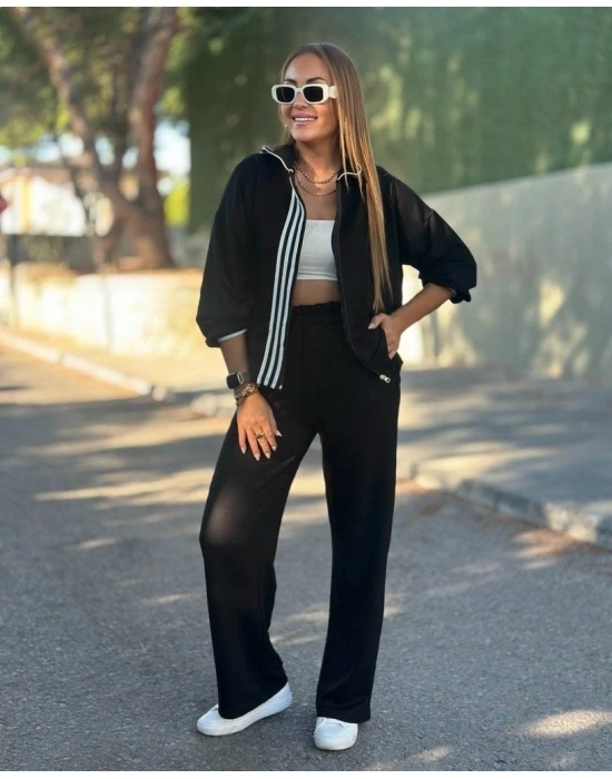 Kadın Uzun Kollu Kapşonlu Onu şerit Detaylı Fermuarlı Viskon Iki Iplik Bluz Ve Pantolon Ikili Takım