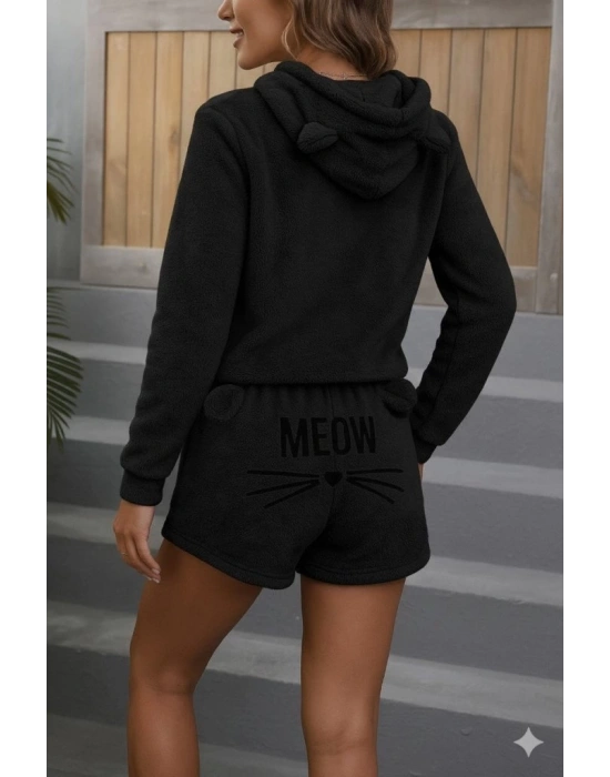 Kadın Uzun Kollu Kapşonlu Peluş Bluz Ve Kısa Short Ikili Takım