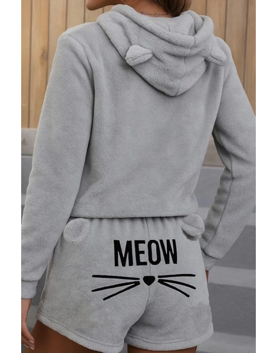 Kadın Uzun Kollu Kapşonlu Peluş Bluz Ve Kısa Short Ikili Takım