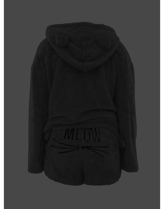 Kadın Uzun Kollu Meow Kedi Nakışlı Kapşonlu Peluş Sweat Ve Short Ikili Takım