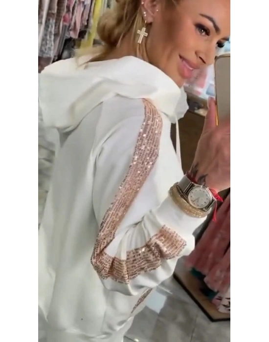 Kadın Uzun Kollu Kapşonlu Pulpayet Detay Viskon Iki Iplik Bluz Ve Pantolon Ikili Takım