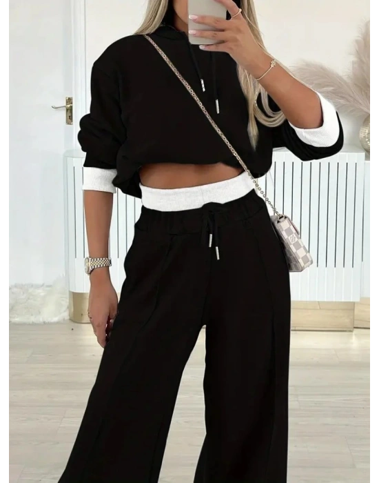 Kadın Uzun Kollu Kapşonlu Viskon Iki Iplik Bluz Ve Pantolon Ikili Takım