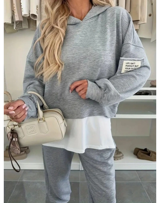 Kadın Uzun Kollu Kapşonlu Viskon Iki Iplik Bluz Ve Pantolon Ikili Takım