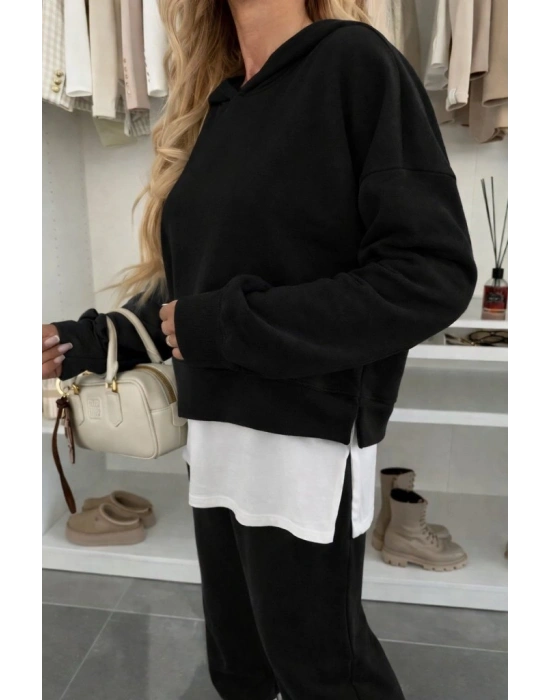 Kadın Uzun Kollu Kapşonlu Viskon Iki Iplik Bluz Ve Pantolon Ikili Takım