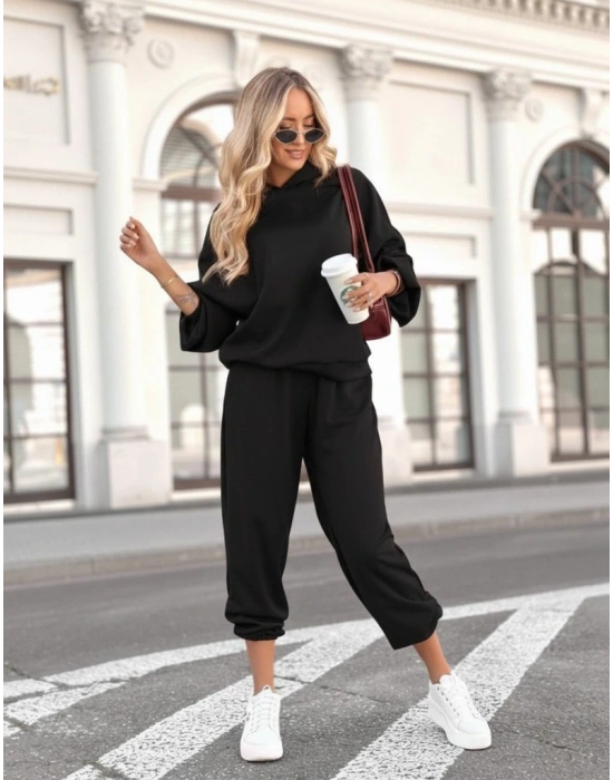 Kadın Uzun Kollu Kapşonlu Viskon Iki Iplik Bluz Ve Pantolon Ikili Takım