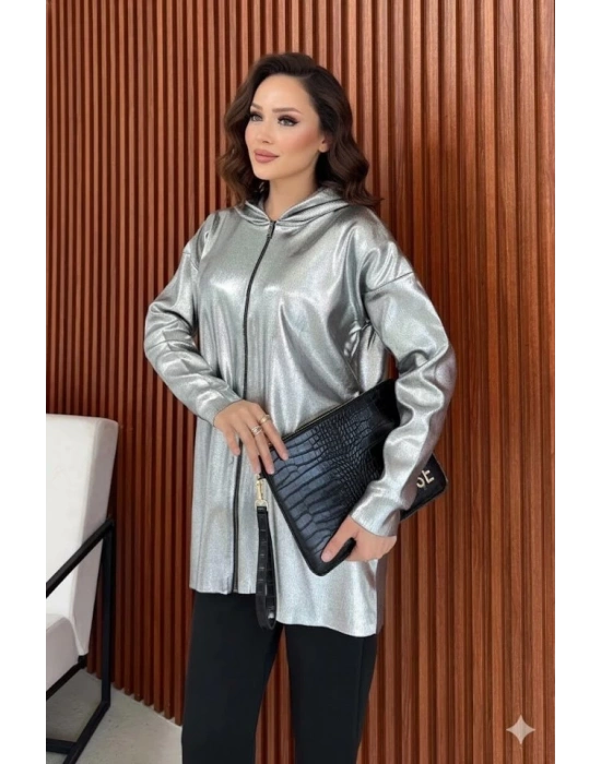 Kadın Uzun Kollu Kapüşon Detay Fermuarlı Tunik Hırka