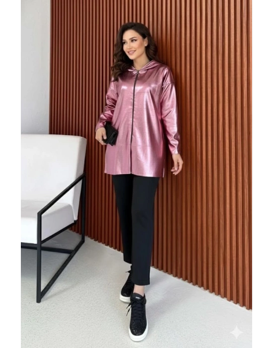 Kadın Uzun Kollu Kapüşon Detay Fermuarlı Tunik Hırka