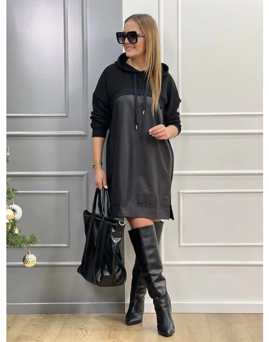 Kadın Uzun Kollu Kapüşon Ve Deri Detay Diz üstü Elbise