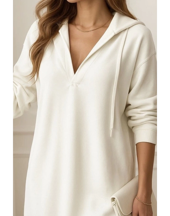 Kadın Uzun Kollu Kapüşonlu Yakası Açık Modal Elbise