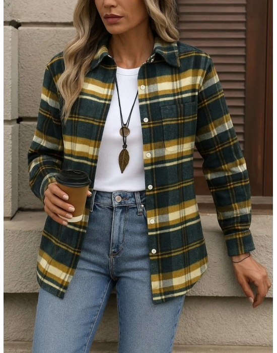 Kadın Uzun Kollu Kare Desenli önden Düğmeli Dokuma Gömlek