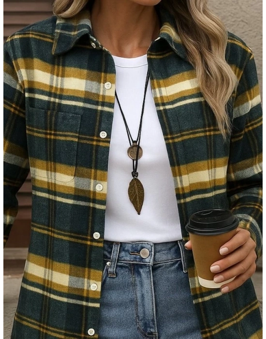 Kadın Uzun Kollu Kare Desenli önden Düğmeli Dokuma Gömlek