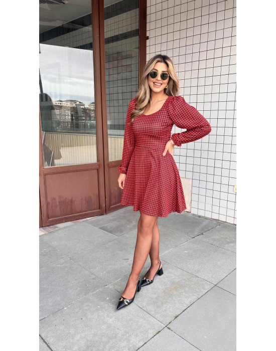 Kadın Uzun Kollu Kare Kalp Yakalı Mini Modal Elbise