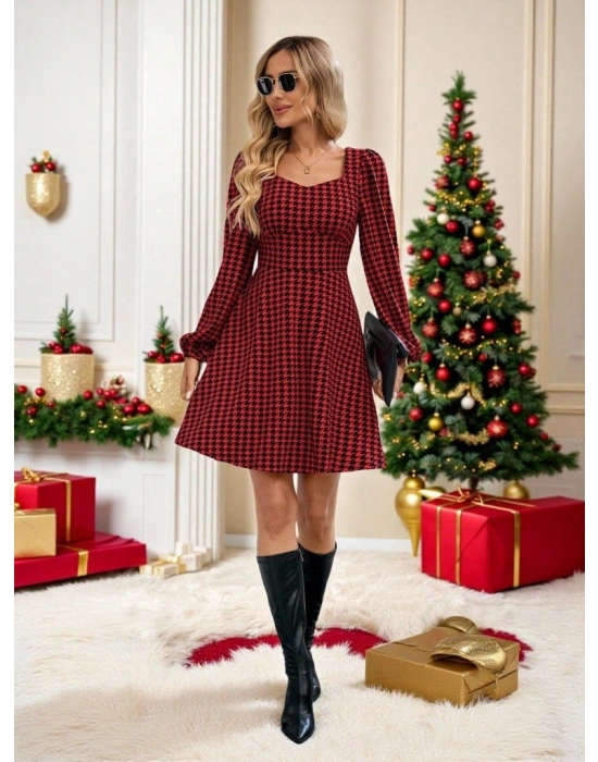 Kadın Uzun Kollu Kare Kalp Yakalı Mini Modal Elbise