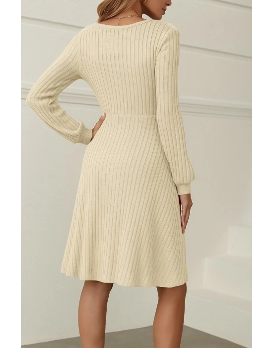 Kadın Uzun Kollu Kare Yaka Düğmeli Kısa şardonlu Iki Iplik Mini Elbise