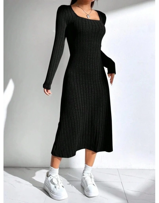 Kadın Uzun Kollu Kare Yaka Midi Kaşkorse Elbise