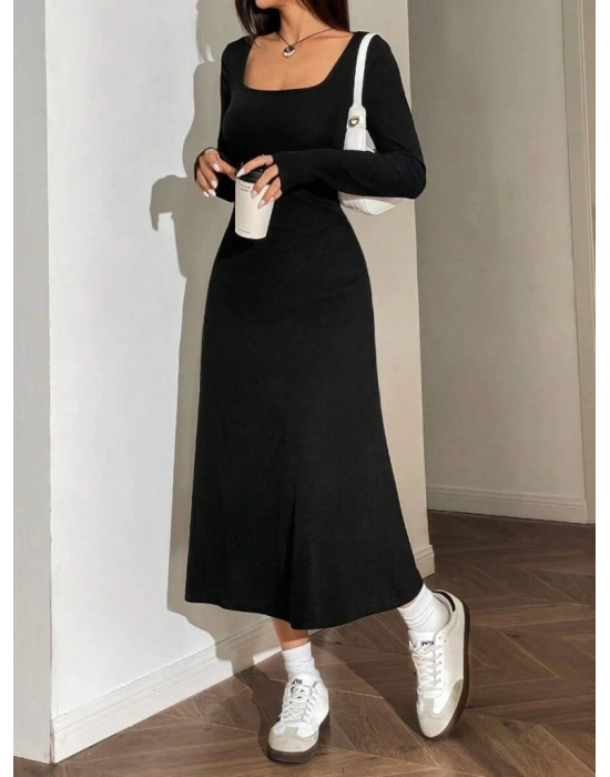 Kadın Uzun Kollu Kare Yaka Midi Kaşkorse Elbise