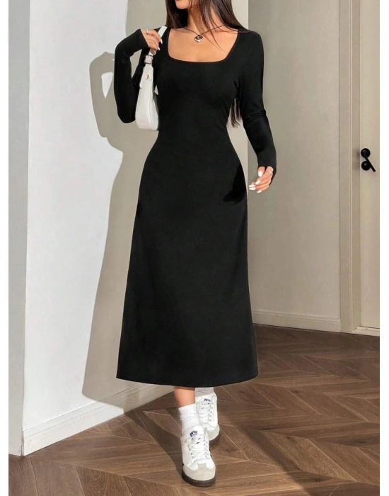 Kadın Uzun Kollu Kare Yaka Midi Kaşkorse Elbise