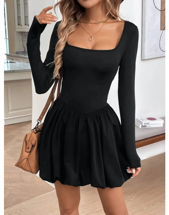 Kadın Uzun Kollu Kare Yaka Mini Balon Modal Elbise