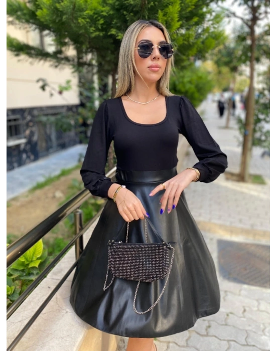 Kadın Uzun Kollu Kare Yaka üst Viskon Alt Deri Mini Elbise