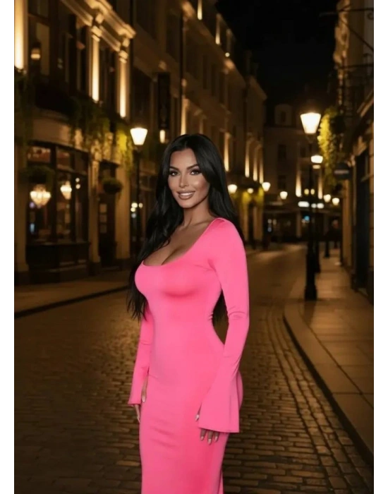 Kadın Uzun Kollu Kare Yaka Volanlı Manşet Detay Maxi Boy Elbise