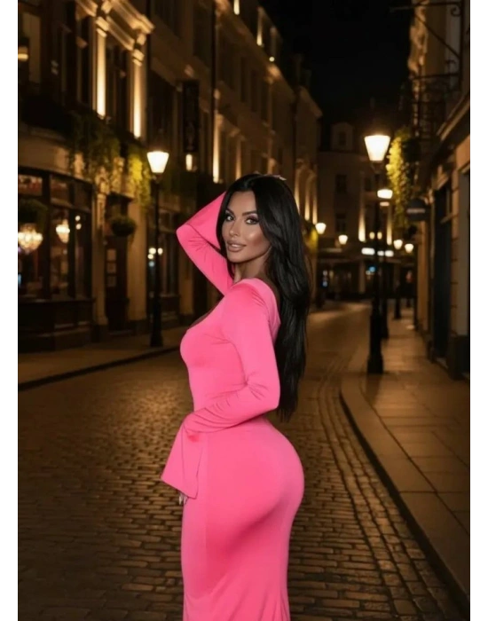 Kadın Uzun Kollu Kare Yaka Volanlı Manşet Detay Maxi Boy Elbise