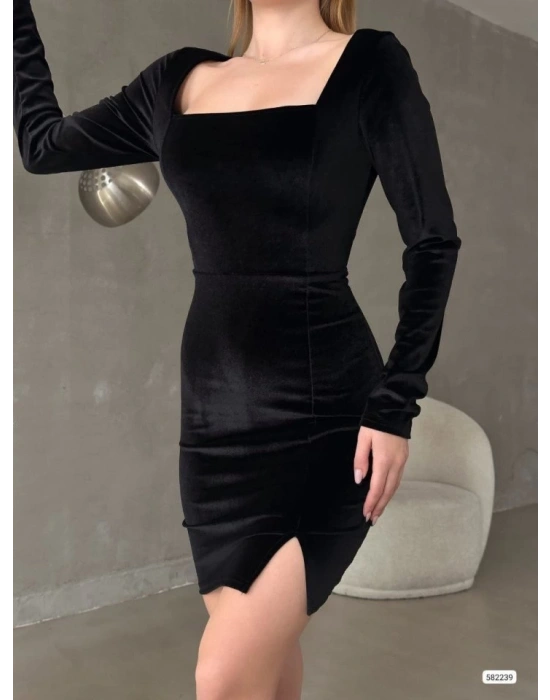 Kadın Uzun Kollu Kare Yaka Yırtmaç Detay Kadife Kumaş Mini Elbise