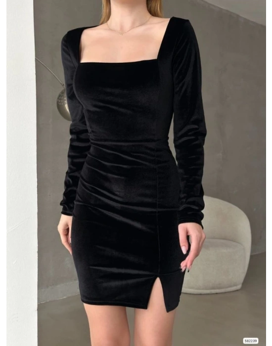 Kadın Uzun Kollu Kare Yaka Yırtmaç Detay Kadife Kumaş Mini Elbise