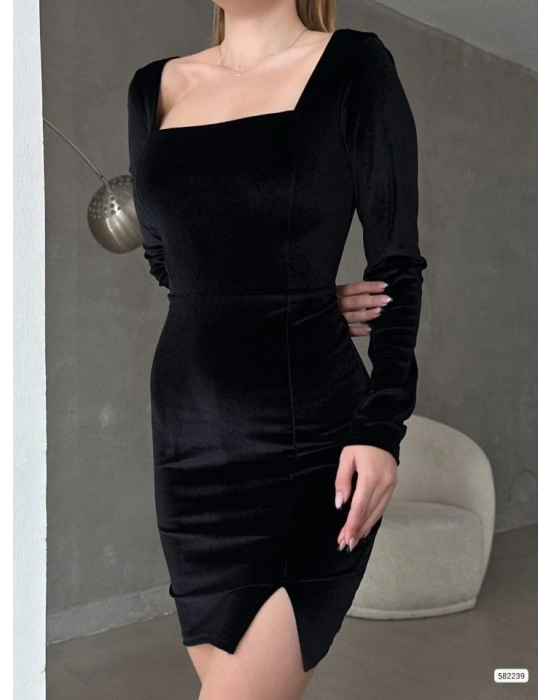 Kadın Uzun Kollu Kare Yaka Yırtmaç Detay Kadife Kumaş Mini Elbise