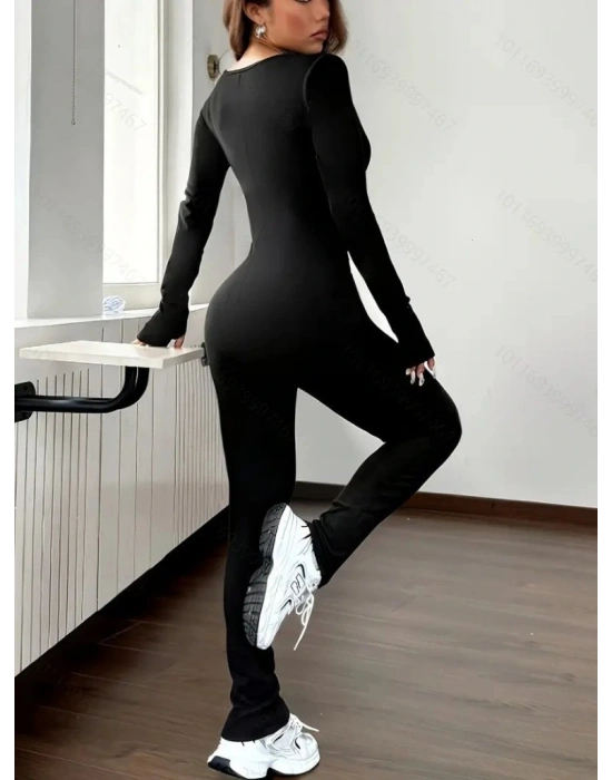 Kadın Uzun Kollu Kare Yakalı Fermuarlı Parmaktan Geçmeli Dalgıç Tulum