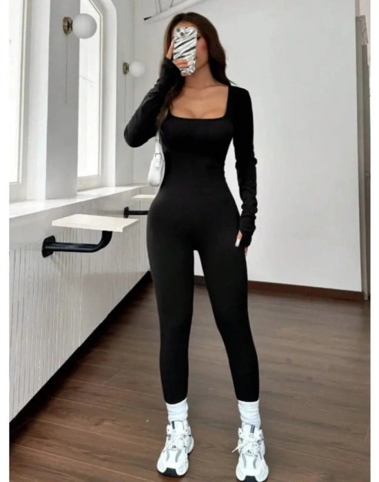 Kadın Uzun Kollu Kare Yakalı Fermuarlı Parmaktan Geçmeli Dalgıç Tulum